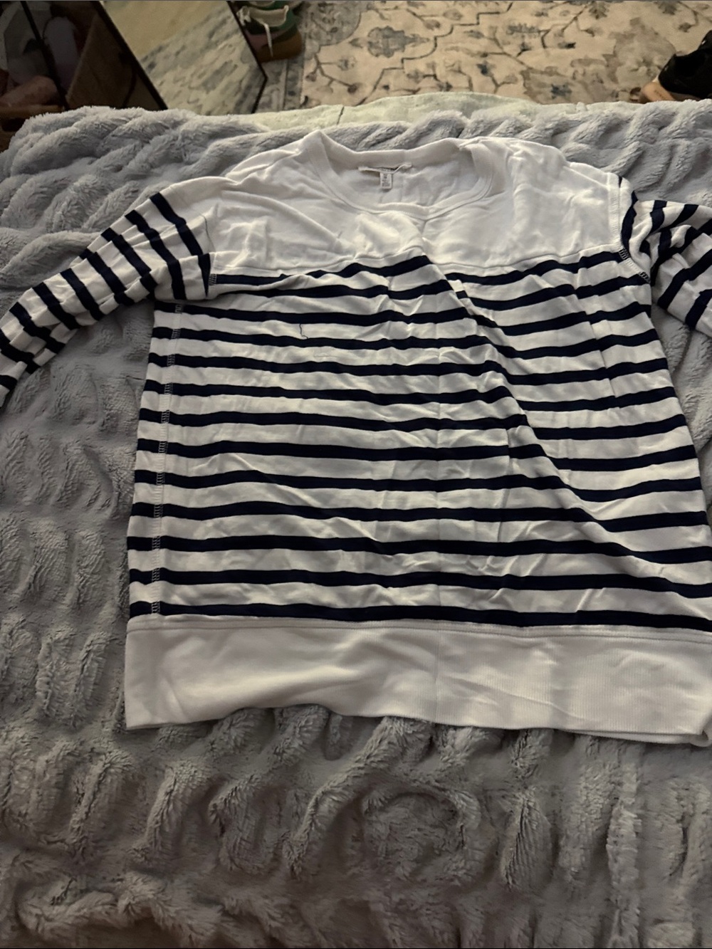 Workshop Republic Clothing White and Navy Striped Long Sleeve Top